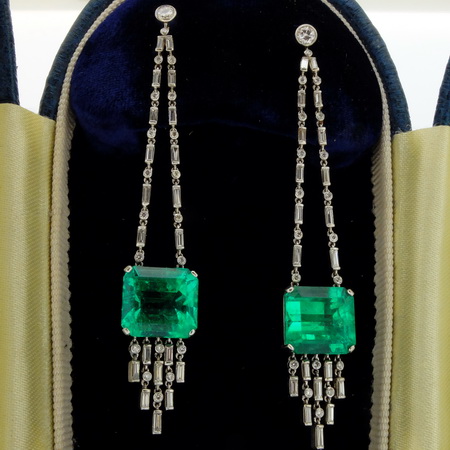 Art Deco Emerald & Diamond Earrings - Click Image to Close